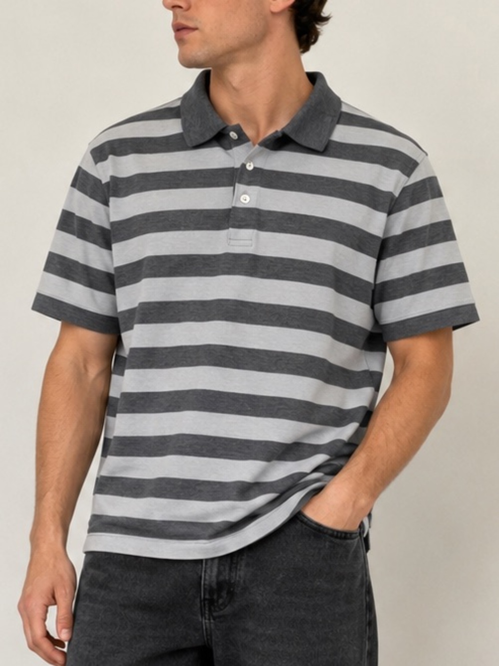 Bugle Boy Gray & Light Blue Striped Polo Shirt - Men's Size Large